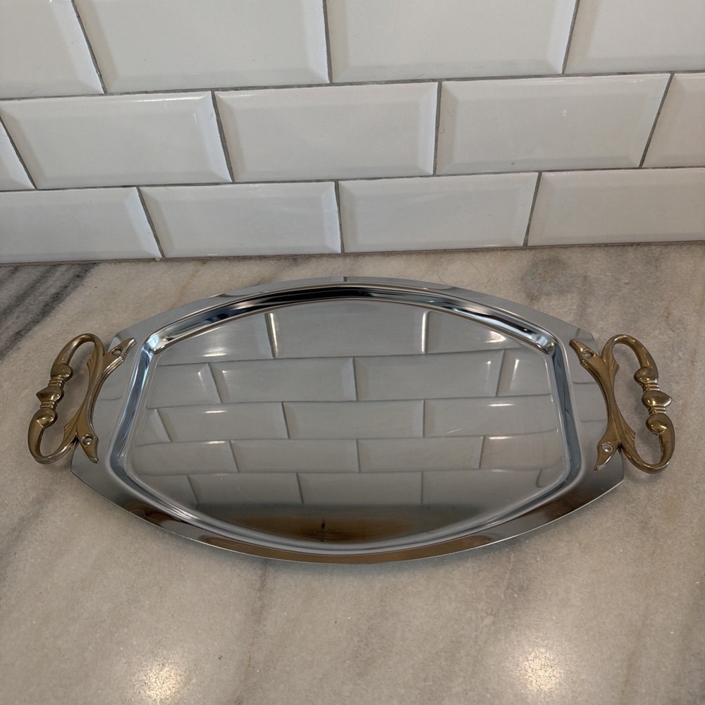 Vintage KROMEX Chrome Serving Tray Brass Handles Mid Century Modern USA GW994